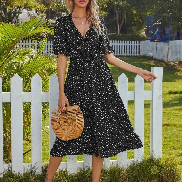 Boho Polka Dot Button Front Tie Midi Dress Pink - Picture 12 of 14